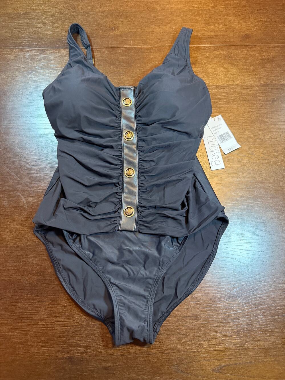 NWT Beyond Control Black One Piece Swimsuit 14 Gold Button Luxury Swim